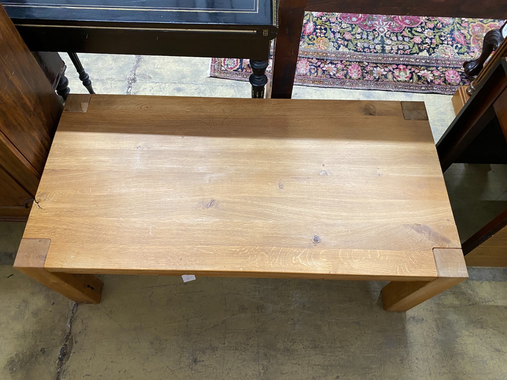 A contemporary rectangular oak coffee table, fitted drawer, width 120cm, depth 60cm, height 46cm